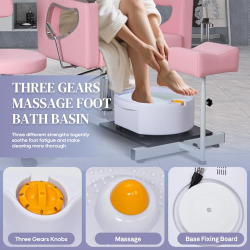 FHFO Pedicure Chair No Plumbing, 360° Swivel Hydraulic Adjustable Reclining Station with Massage Foot Bath & Footrest for Nail Tech, Spa, Salon (Pink)