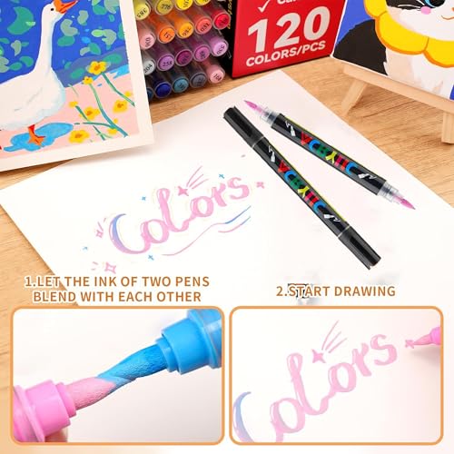 Image of KLIFFOO 48 Colors Acrylic Paint Markers,24Pcs Dual Head Brush Tip Sketch Pen for Painting,Sketching,Calligraphy, Permanent Colouring Marker Pen for Rock,Canvas,Wood, Glass,Fabric (48 Colors 24 Pcs)