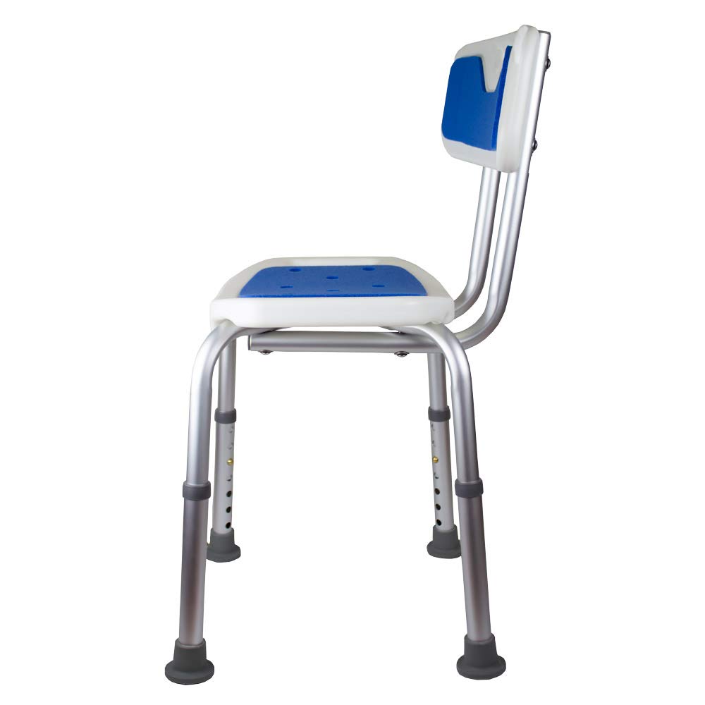 Asiento de ducha ámbar con respaldo azul