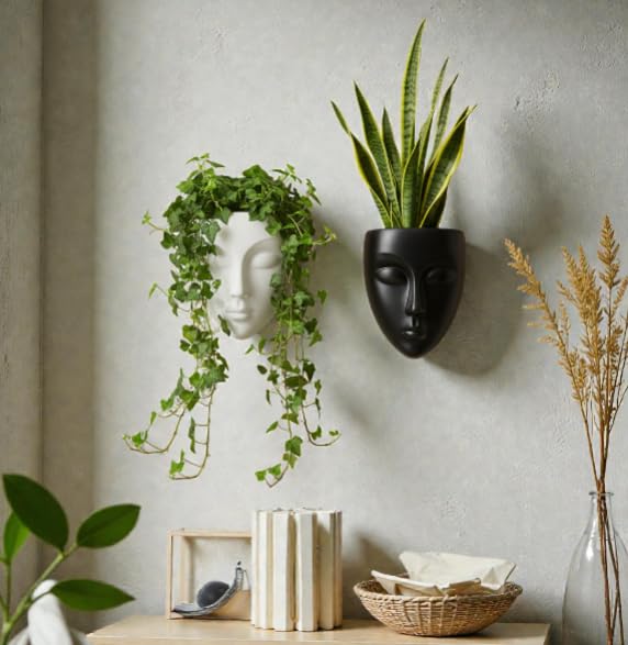 Image of Wall Mounted Face Planter Set, Black and White, Decorative Indoor Plant Holder, Modern Home Decor, 4 Pieces (Plastic) (4)