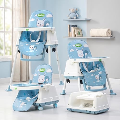 Image of Baybee 4 in 1 Convertible High Chair for Kids | Foldable Baby Feeding Chair with Safety Harness, Adjustable Tray, Booster Seat | Easy to Clean, Portable Dining Chair (Blue)