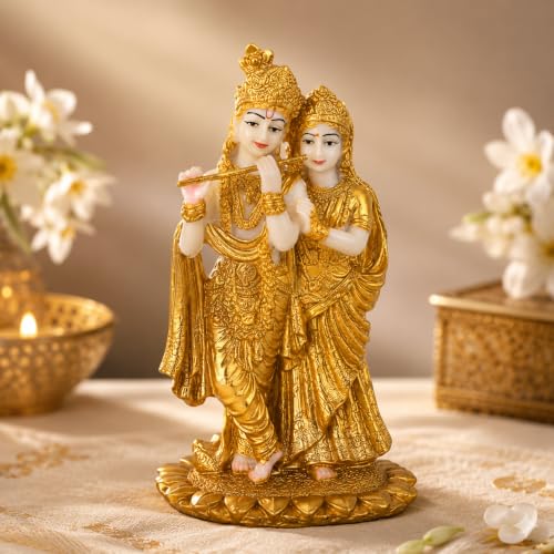 Image of Resin Radha Krishna Idol Premium Golden Finish Handcrafted Divine Murti for Home Mandir Pooja Room Spiritual Decor and Gifting