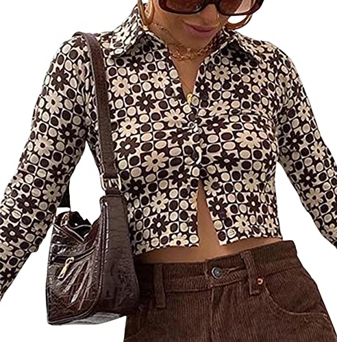 MISSACTIVER Women Flower Print Crop Shirt Polo Collar Button Down Long Sleeve Casual Vintage Crop Tee Top Tshirt(Small,Brown-Flower)