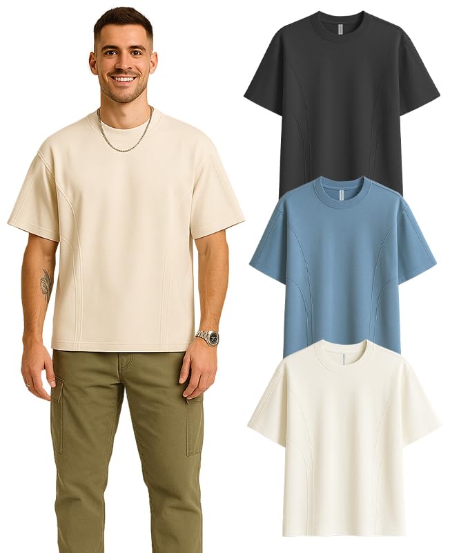 Image of Sleepynuts Men 220 GSM 100% Pure Cotton Oversized Baggy Fit Drop Shoulder Round Neck T-Shirt Pack of 3 (Smoky Grey, Dusty Blue, Off White-XL)