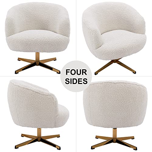 Duomay Swivel Accent Chair Armchair, Modern Faux Fur Round Barrel Chair With Gold Base For Living Room Bedroom Reading Room Office, White #TOP3