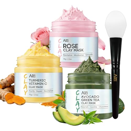 Image of ANAI RUI 3 Pack Clay Mask Set Turmeric Vitamin C Clay Mask -Rose Facial Mask -Avocado Green Tea Mud Mask Smoothing, Hydration & Glow,Spa Gift Set, Self Care for Women Teens 2.5 oz Each