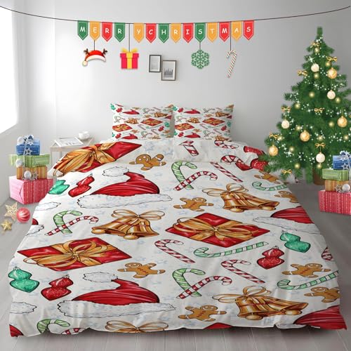 布団カバー クイーン クリスマスベル|マイクロファイバー 掛け布団カバー 210x210 +枕カバー 2枚 3点セット|吸汗速乾・防静電気・洗濯耐久|肌ざわり最高 キャンディケーンギフトボックス なプリントデザイン PH893
