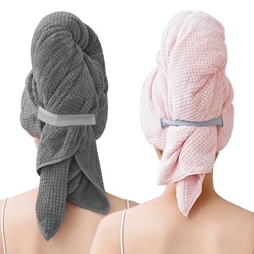 LLTLGF Lot de 2 grandes serviettes en microfibre pour cheveux longs - 103 x 60 cm - Turban de qualité supérieure avec bande élastique - Séchage rapide - Super absorbantes - Design gaufré - Pour