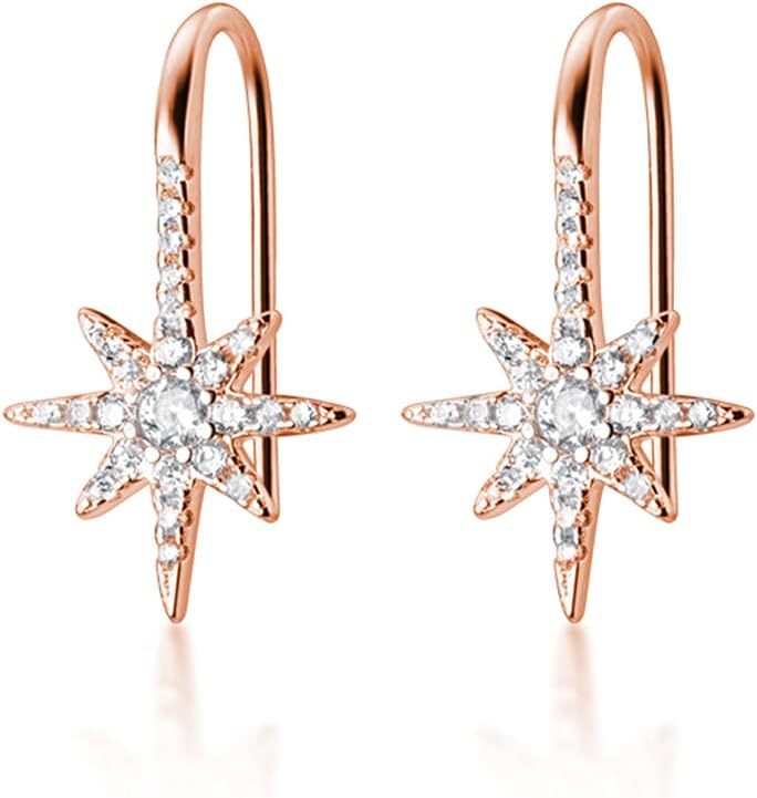 SLUYNZ Solid 925 Sterling Silver Sparkling Star Drop Earrings for Women Teens CZ Star Drop Hook Earrings