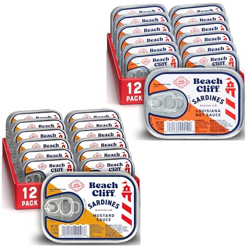 Beach Cliff Saucy Sardines Bulk Bundle (24 Total Cans) - Sardines in Mustard Sauce and Sardines in Louisiana Hot Sauce - 3.75 oz Cans