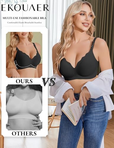 Ekouaer Nursing Bra Wavy Breastfeeding Bras for Women Seamless Maternity Support Wireless Pregnancy Sleep Bralette Black L2