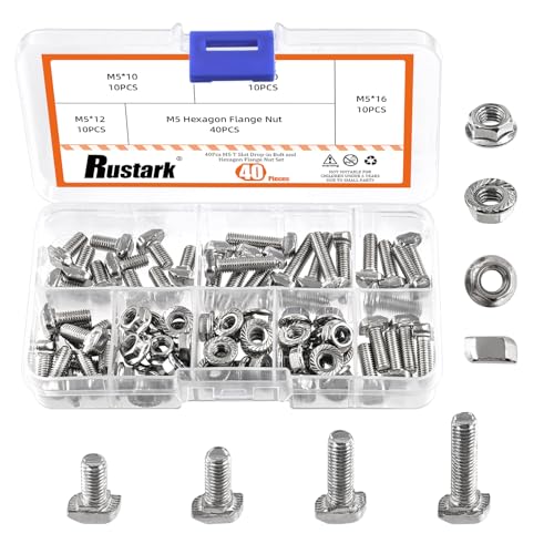 Image of 80Pcs M5x10 /12 /16 /20mm T-Slot Drop-in Bolts with M5 Hexagon Flange Nuts Assortment Kit, Hammer Head Bolt T Shape Sliding Screw Stud for European Standard 20 Series Aluminum Profile