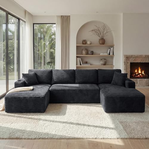 Image of 125 Inch Modular Sectional Sofa, Cloud Couch Oversized U Shaped Corduroy Sofa with Storage & Cupholders, Modern Deep Seat Boneless Couches for Living Room, No Assembly Required, Dark Grey