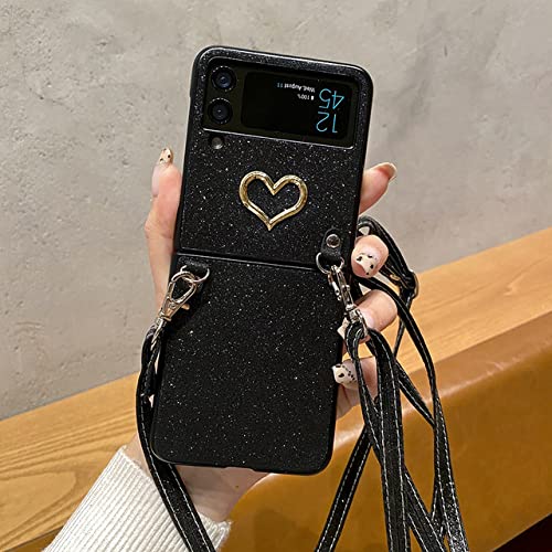 Coque Samsung Galaxy Z Flip 4 avec cordon collier noir et motif cœur