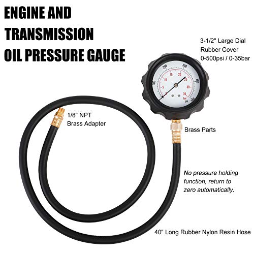 Jifetor Oil Pressure Gauge Tester Kit Engine Transmission Fluid Test Tool Set 12Pcs, 500Psi Automotive Mechanical Automatic Gearbox Line Pressure Meter For Car Truck Motorcycle Atv #TOP2
