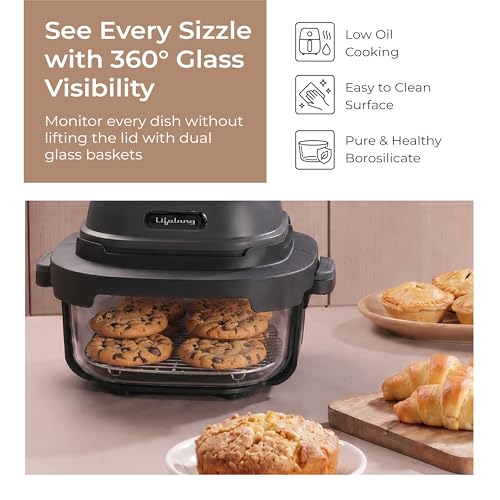 Image of Lifelong Dual Glass Basket Air Fryer | Interchangeable Borosilicate Glass Bowls (4.1L, 1.6L) with Lids | 1500W, 5 Presets,Non-Slip Silicone Mat, DIY Mode, Toxin Free, No Coatings, 360 Air Circulation