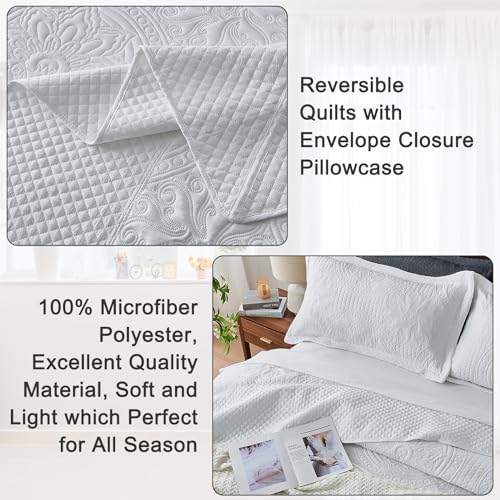 Qucover Oversized King Quilt 120x120, 3 Piece Oversized King Bedspread, Soft Microfiber California King Quilt Set, Vintage Pattern, Extra Large Bed Spreads King Size Oversized, with Shams, White