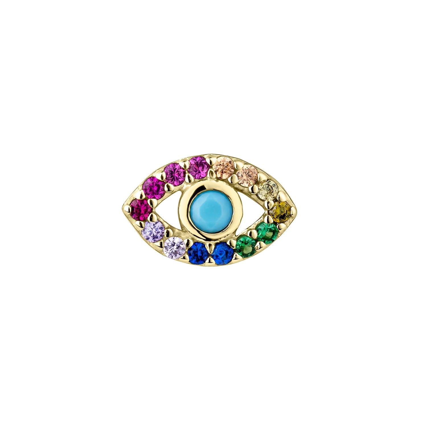 EARCANDYPendiente Piercing Odin en Plata de Ley 925 con Baño de Oro Amarillo 18k, Cierre Bola Rosca, Diseño Ojo Turco, Circonitas Multicolor, Pendiente Suelto, Joyas para Mujer
