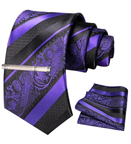JEMYGINS Cravate Homme Violet en Soie Rayures et Impression Mariage et Pinces à cravate et Carre de poche Ensemble Compris boîte(8)