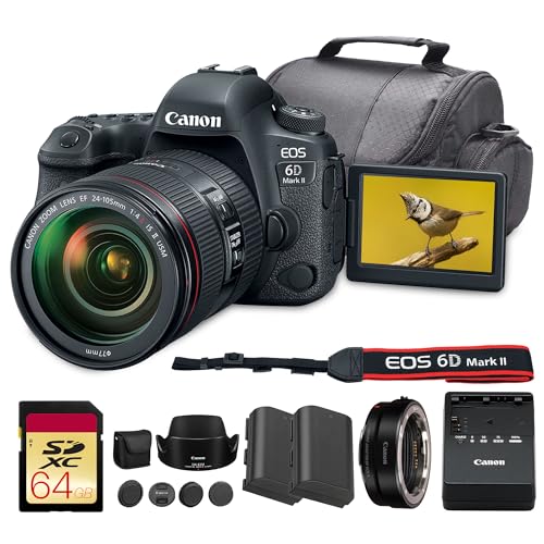 Canon EOS 6D Mark II DSLR Camera with 24-105mm f/4L II Lens Bundle | 26.2MP Full-Frame Sensor, Dual Pixel CMOS AF & Vari-Angle LCD | for Travel & Everyday Photos + Adapter EF-EOS R + 64GB Card + More