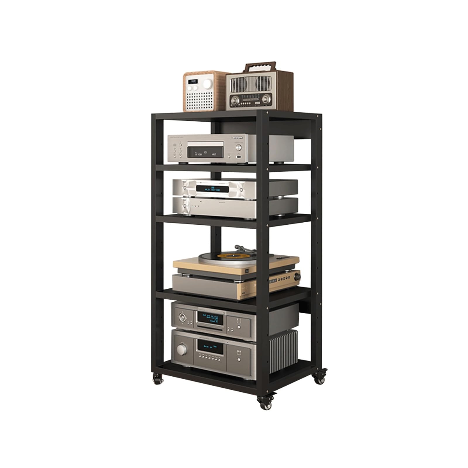 HiFi o Rack 5-poziomowy z kółkami, regulowany, metalowy stojak do domowego biura, solidna wieża Ste Tower do telewizora i o Equint, nowoczesny design, 110 cm