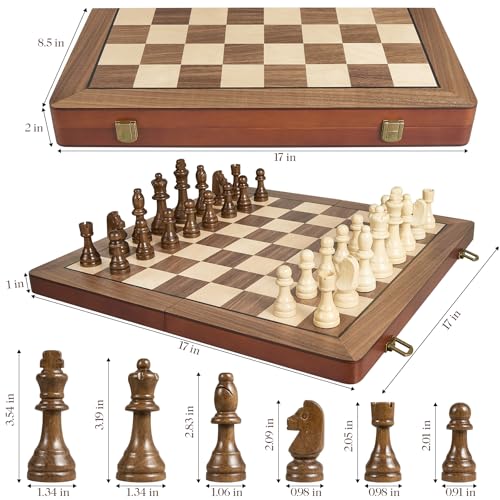 Image of 17 inch Magnetic Wooden Chess Set for Adults Kids, Chess Board Games with Magnetic Pieces & Extra Queens, Folding Portable Travel Large Unique Chess Sets for Tournament Professional Beginner