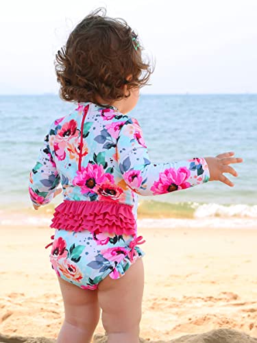 Xfgirls Baby/Toddler Girls 1 Piece Swimsuit Long Sleeve Rash Guard Beach Wear 3-4T, Hot Pink Flower #TOP3