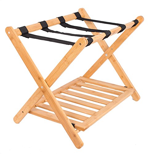 BirdRock Home Luggage Rack Stand with Shoe Shelf - Compact Folding Design - Bedroom Guest Room Suitcase Home Organization - Stable Durable Suitcases Racks Foldable Baggage Holder - Bamboo Natural