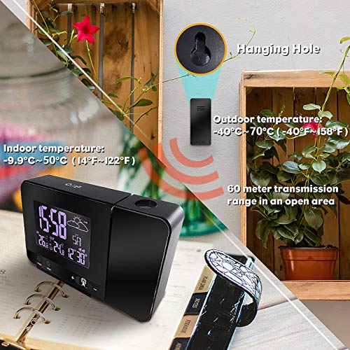 ALLOMN Digitaler Projektionswecker, Innen Außentemperatur, Wettervorhersage, Datumsanzeige für 12/24H Tageszeit, Schlummerfunktion, USB Ladeanschluss, 8 Farben der Hintergrundbeleuchtung umschaltbar