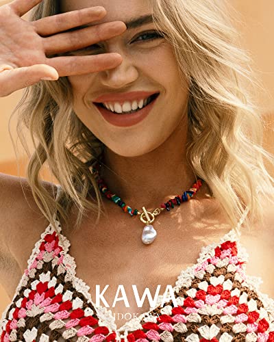 Idokawa Boho Statement Necklace For Women, Vintage Multicolor Charm Choker With Natural Gemstones And Baroque Pearl Pendant, Summer Bohemian Jewelry #TOP4