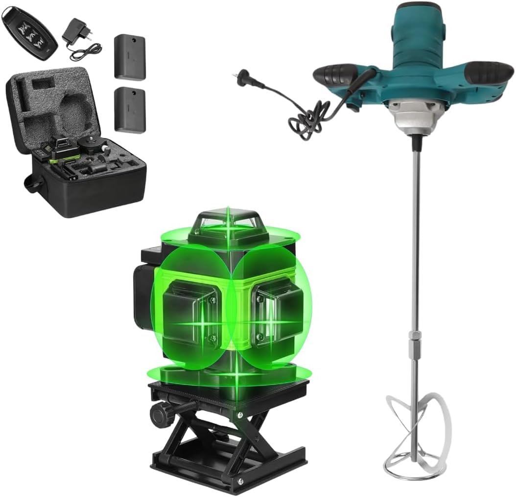 VAZY24 Kit 2 in 1: Livella Laser Verde 16 Linee 360° Autolivellante con Batterie e Accessori + Miscelatore Elettrico per Cemento, Malta e Vernici, 6 Velocità, Asta Tipo S