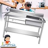 HOFMSX Fregadero Comercial Independiente de Acero Inoxidable con estantes Dobles y escurridor. Grifo de una Sola cubeta de 120 x 60 x 78 cm. Ideal para restaurantes y Espacios de Servicio