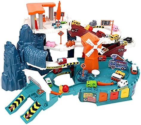 Likrolwe Boys Race Track Sets, Toy Car Ramp Track Climbing Hills Adventure Toy Vehicle Playsets with 4 Mini Cars and Garage, Race Track for Boys Age 4-7