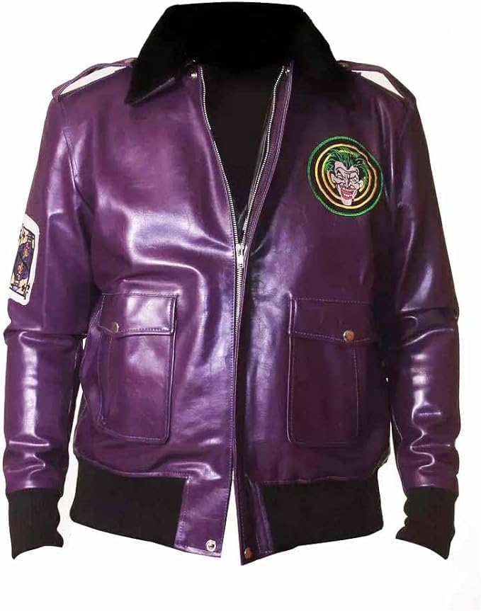 Leather Verse Men's Purple Jokers Cosplay Faux Fur Collar Jacket villain Halloween Costume 2XS - 4XL