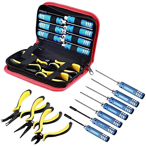 CENPEK Juego de herramientas RC 10 en 1 de acero inoxidable, alicates de destornillador de manga hexagonal, kits de reparación de zócalos para coches RC, barco, cuadricóptero, helicóptero, modelos