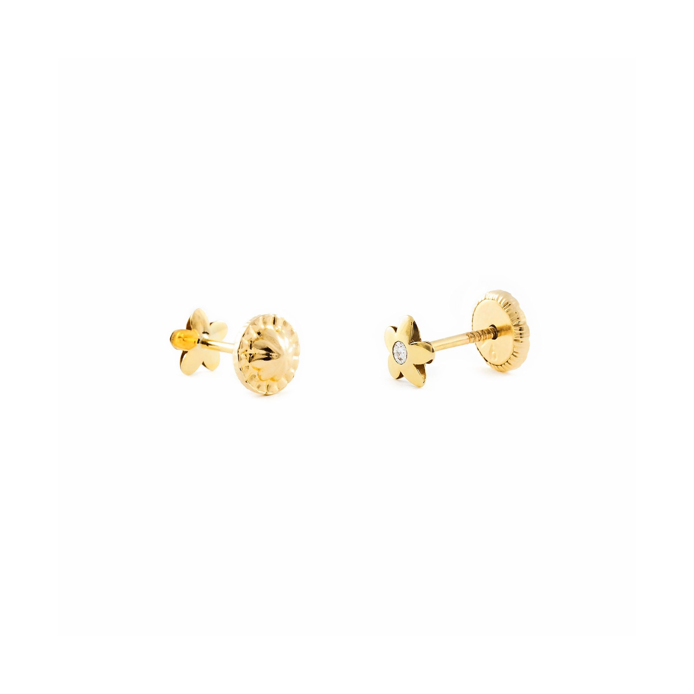 Pendientes Bebe Oro Amarillo Flor Circonita (9kts) - Estuche Regalo - Certificado de Garantía - Mondepetit
