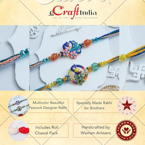 Image of eCraftIndia Multicolor Beautiful Peacock Designer Rakhi Set of 2 | Rakhi for Brother Bhaiya Bhai with Best Bro Ever Fridge Magnet | Roli Chawal Pack