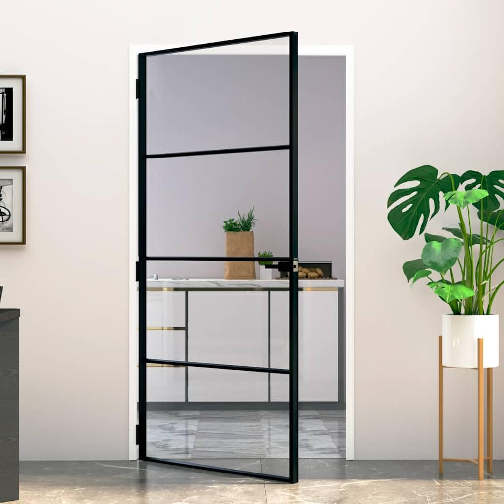 Porte d intérieur Noir 102x201,5 cm Trempé verre aluminium fin