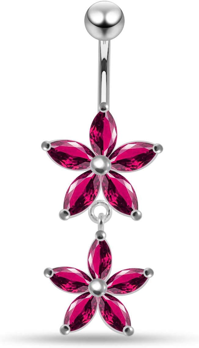 Stylish Double 5 Petals Flower Dangling Design 925 Sterling Silver with Stainless Steel Belly Ring - Belly Button jewelry - Navel jewelry