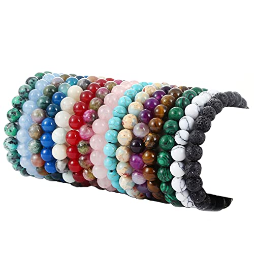 15 Pcs 8mm Healing Stone Beaded Bracelets for Women Men Semi-Precious Gemstones Bracelets Crystal Beaded Bracelet Unisex Adjustable Stretch Bracelets