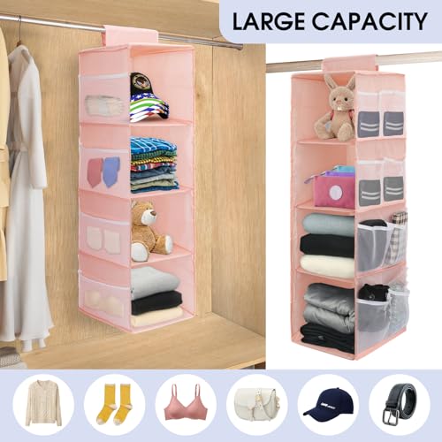 Image of 4-Shelf Hanging Closet Organizer, Space Saver, Closet Hanging Storage Shelves with Mesh Pockets & Magic Tap for Storage, Foldable-Pink