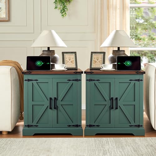 Farmhouse End Table with Charging Station,24" Large Side Table with Barn Door, Rustic Wood Square Nightstand Bedside Table with Adjustable Shelf for Living Room, Bedroom,Antique White 2-Pack