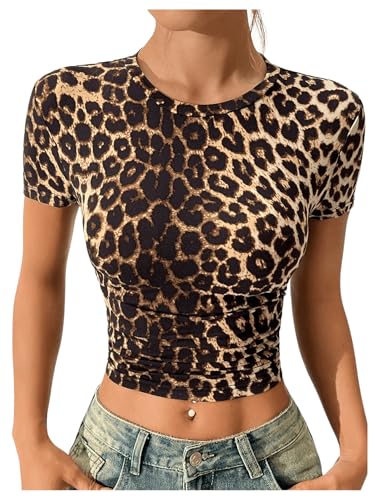 SOLY HUX Women's Leopard Print Crop T-Shirt Short Sleeve Tight Fitted Y2k Tee Tops