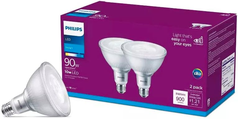 Philips LED Non-Dimmable PAR38 Light Bulb - Pack of 2 - EyeComfort Flicker Free - 10W = 90W, 900 Lumen - Daylight (5000K) - E26 Base - Outdoor - Title 20