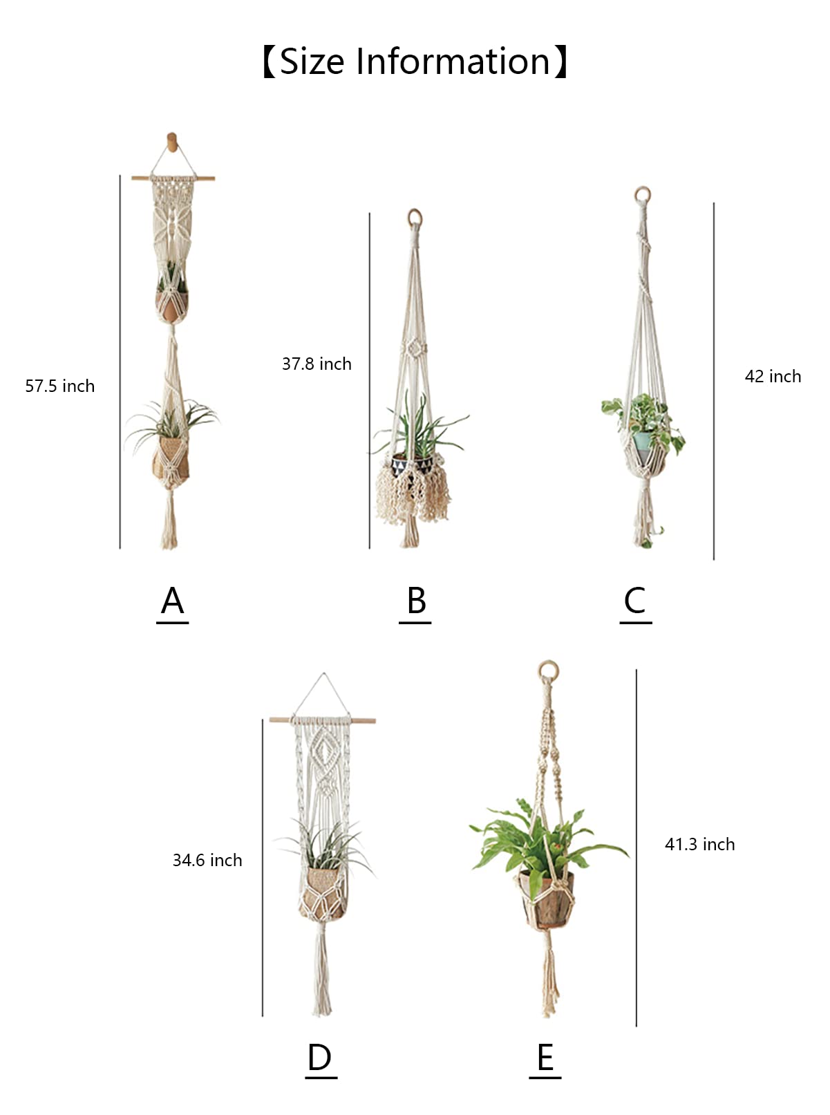 Confezione da 5 ganci per piante in macramè, in corda di cotone, decorativi, per interni ed esterni, stile bohémien, per la casa (5 dimensioni e 10 ganci)