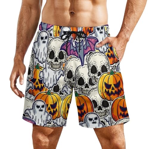 Mens Swim Trunks with Compression Liner, Halloween Scary and Horror Printed Board Shorts