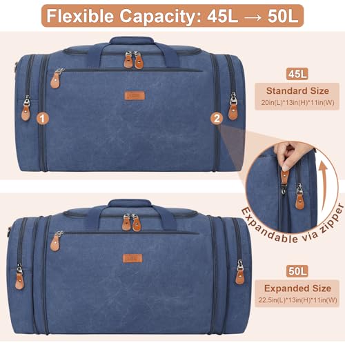 Image of Canvas Mens Duffle Bag for Travel - Expandable 50L Weekender Bags with Toiletry Bag, Overnight Bag Travel Duffel Carry On Luggage with Removable Shoulder Strap, Durable & Water-Resistant