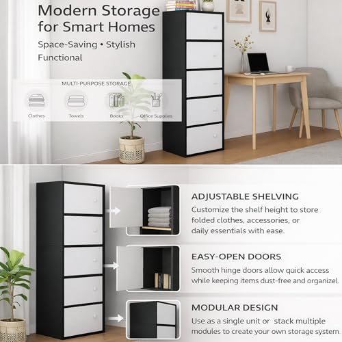 Image of 5-Door Morden Wooden Collapsible Wardrobe for Storage /Space Saving Wooden Wardrobe with Doors /Collpsible Storage Organiser /Living Room -Mapple (Black, 5 Layer)