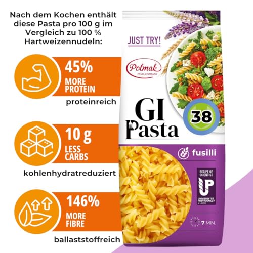 Fusilli Nudeln für Diabetiker & Low Carb | Hergestellt aus Hartweizen | Low-Carb-Diät | Glykämischer Index 38 (6er pack)