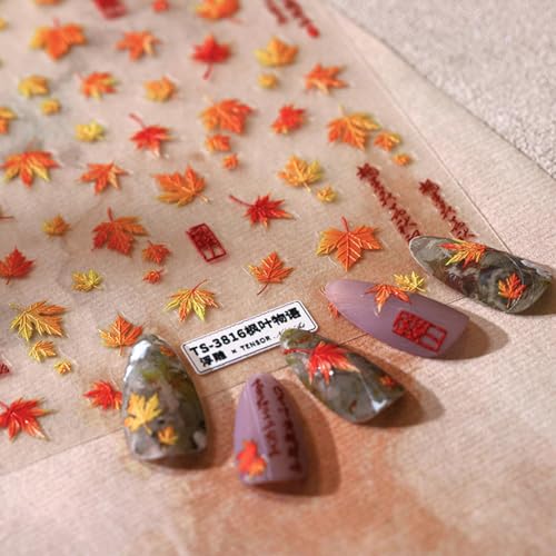 Maple Leaf Nail Art Stickers Fall Nail Stickers 5D Embossed Nail...